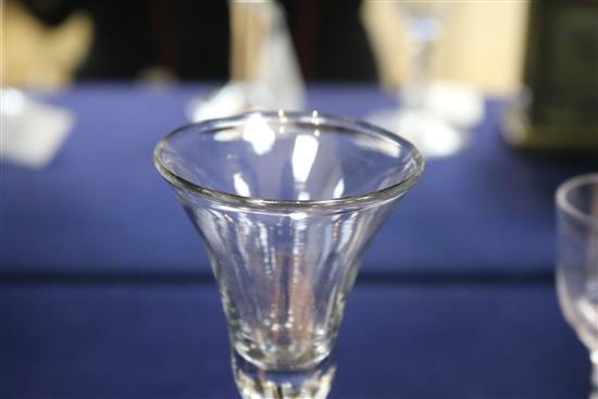 A wine glass, c.1740, with a bell bowl, on plain stem, on a folded foot, 6in.